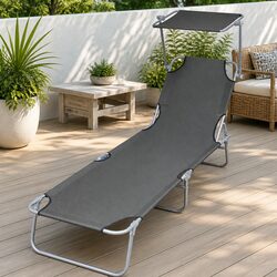 Folding Sun Lounger with Adjustable Canopy Steel Frame Garden Beach Outdoor