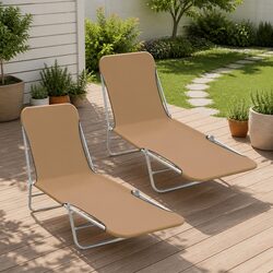 Folding Sun Loungers Set 2 Pieces Steel Frame Garden Beach Chair Adjustable
