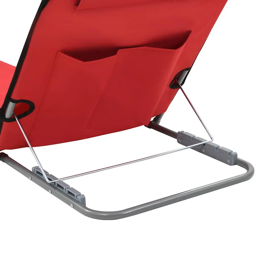 Folding Beach Chair Set Adjustable Backrest Steel Frame Fabric Mat Red 2 Piece
