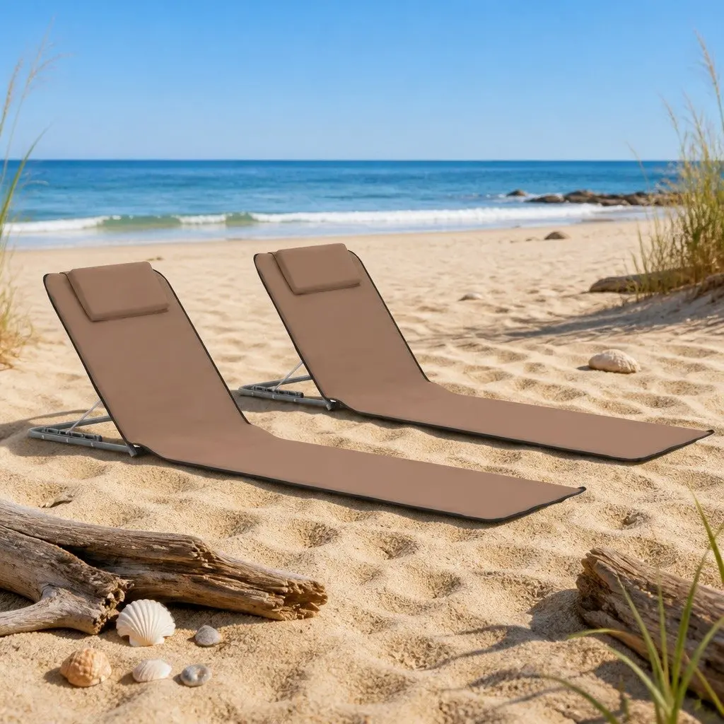 Folding Beach Mats Adjustable Backrest 2 Piece Steel Frame Fabric Brown