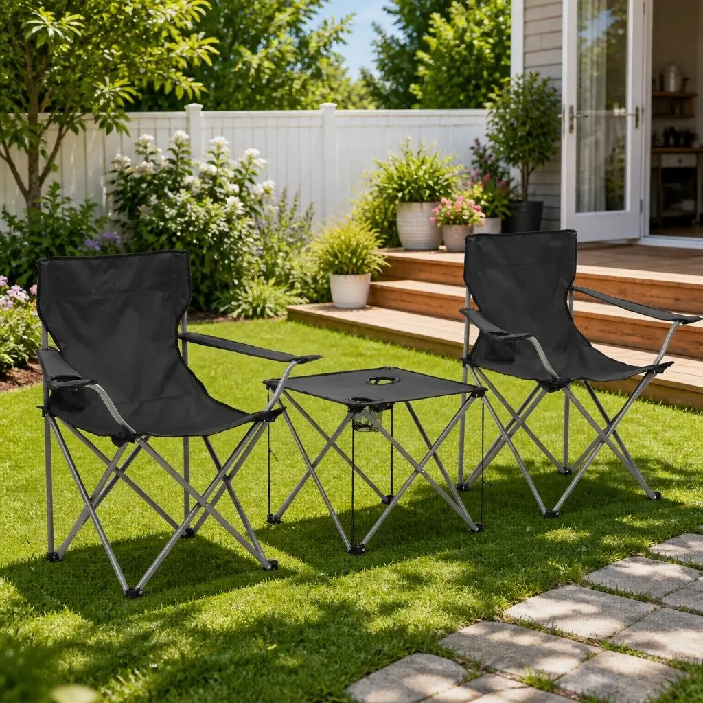 Camping Table and Chair Set 3 Pieces Foldable Outdoor Furniture Grey