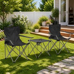 Camping Table and Chair Set 3 Pieces Foldable Outdoor Furniture Grey