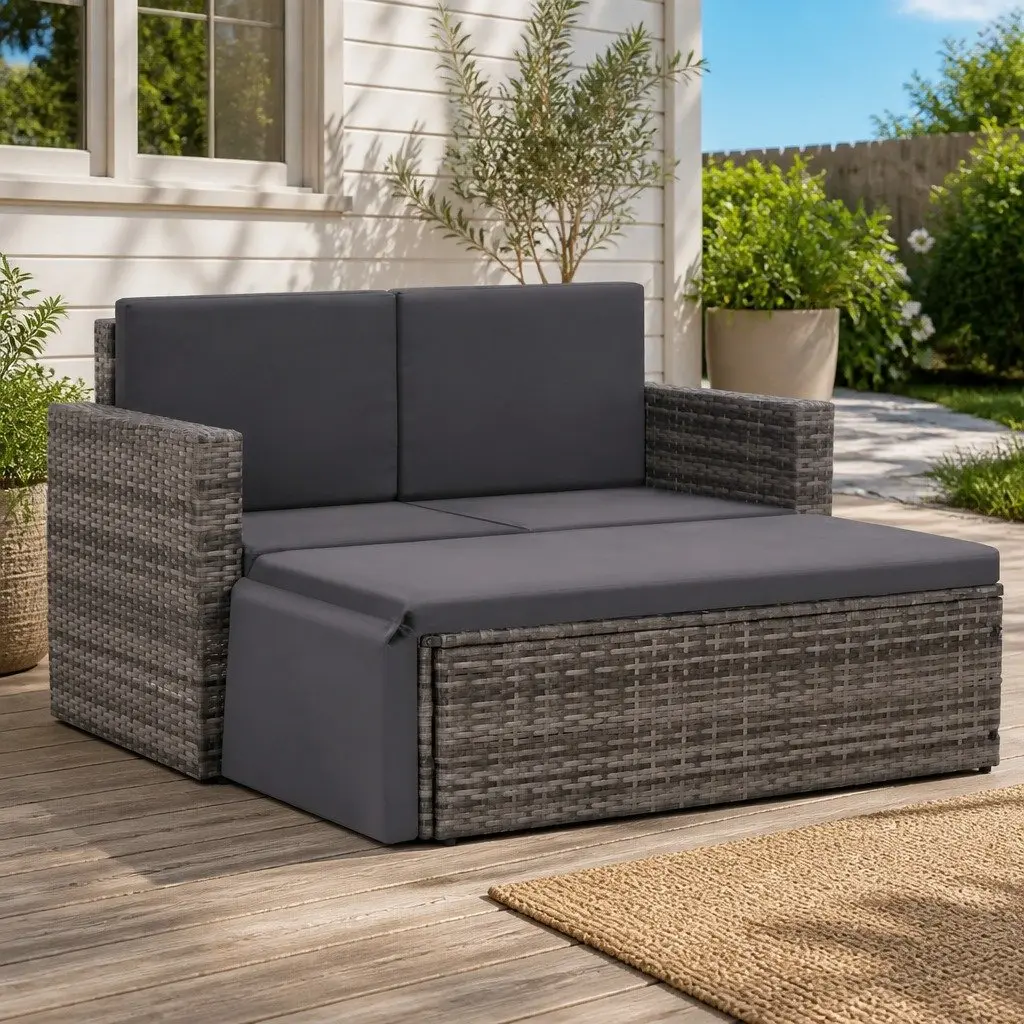2 Piece Garden Lounge Set Poly Rattan Sofa Stool Cushions Patio Furniture Grey