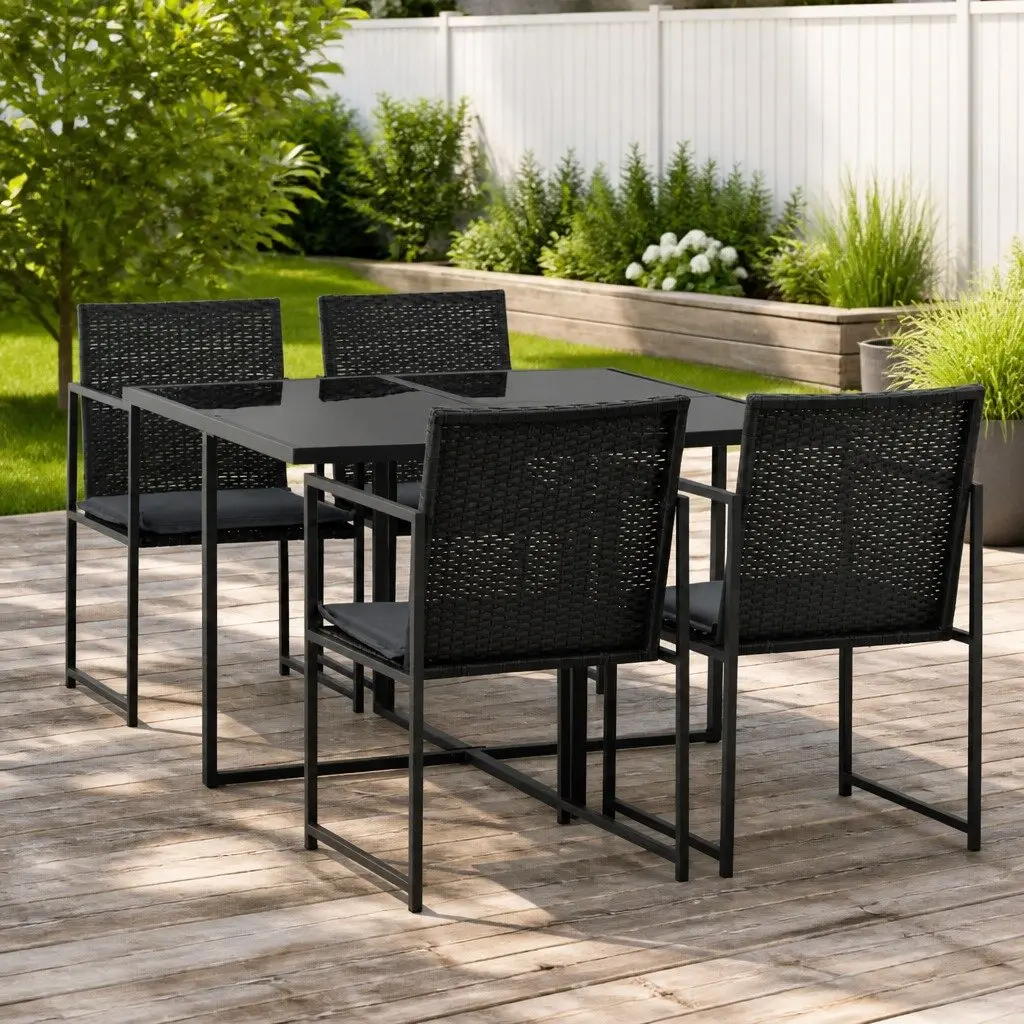 Outdoor Dining Set 5 Piece Garden Furniture Black Poly Rattan Table Chairs