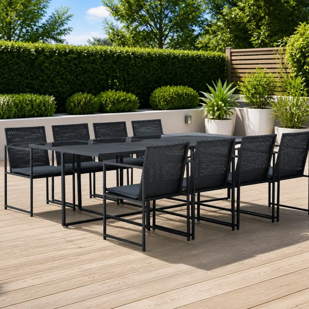 Outdoor Dining Set 9 Piece Garden Furniture Black Poly Rattan Table Chairs