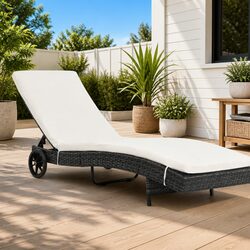 Sun Lounger with Wheels Adjustable Backrest Garden Patio Chaise Longue Cushion