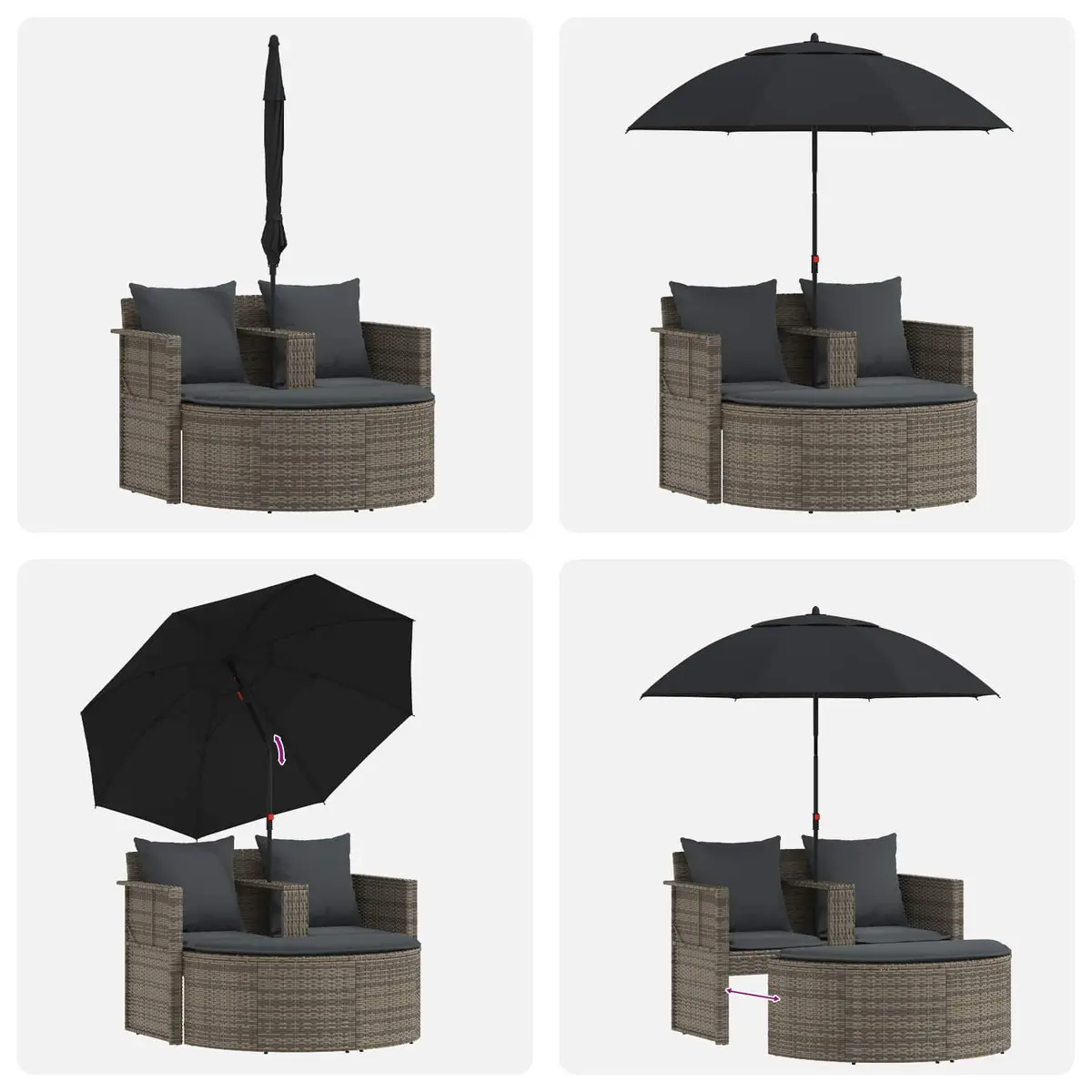 2 Seater Outdoor Garden Sofa Set with Footrest Parasol Grey Poly Rattan Patio