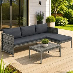 Garden Lounge Set 3 Piece Poly Rattan Sofa Stool Coffee Table Outdoor Grey