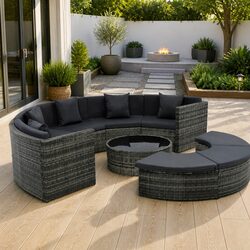 Garden Lounge Sofa Set 7 Piece Poly Rattan Outdoor Patio Furniture Grey Cushions