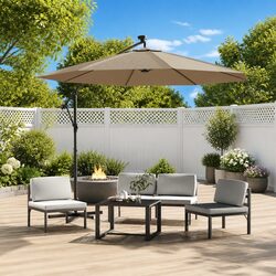 Cantilever Garden Parasol 300cm LED Lights Solar Powered Taupe Outdoor Shade