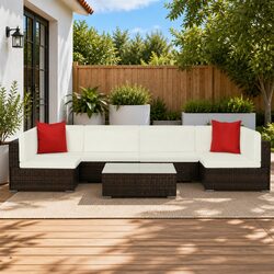 Garden Lounge Set 7 Piece Outdoor Sofa Poly Rattan with Cushions Brown Patio