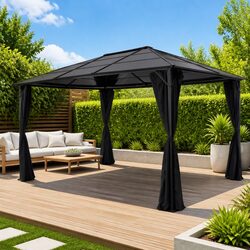 Gazebo with Curtains Outdoor Pavilion Canopy 4x3x2.6m Aluminium Steel Black