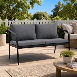 2 Seater Garden Bench Outdoor Sofa with Seat Cushions Pillows Grey Aluminium