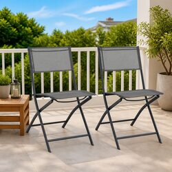 Folding Outdoor Chairs 2 pcs Grey Steel Frame Textilene Fabric Garden Seating