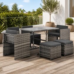7 Piece Outdoor Dining Set with Cushions Grey Poly Rattan Patio Garden Furniture