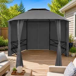 Hexagonal Garden Gazebo Pavilion Tent with Curtains Outdoor Canopy Sunshade