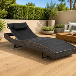 Sun Lounger Poly Rattan Textilene Adjustable Backrest Outdoor Garden Patio