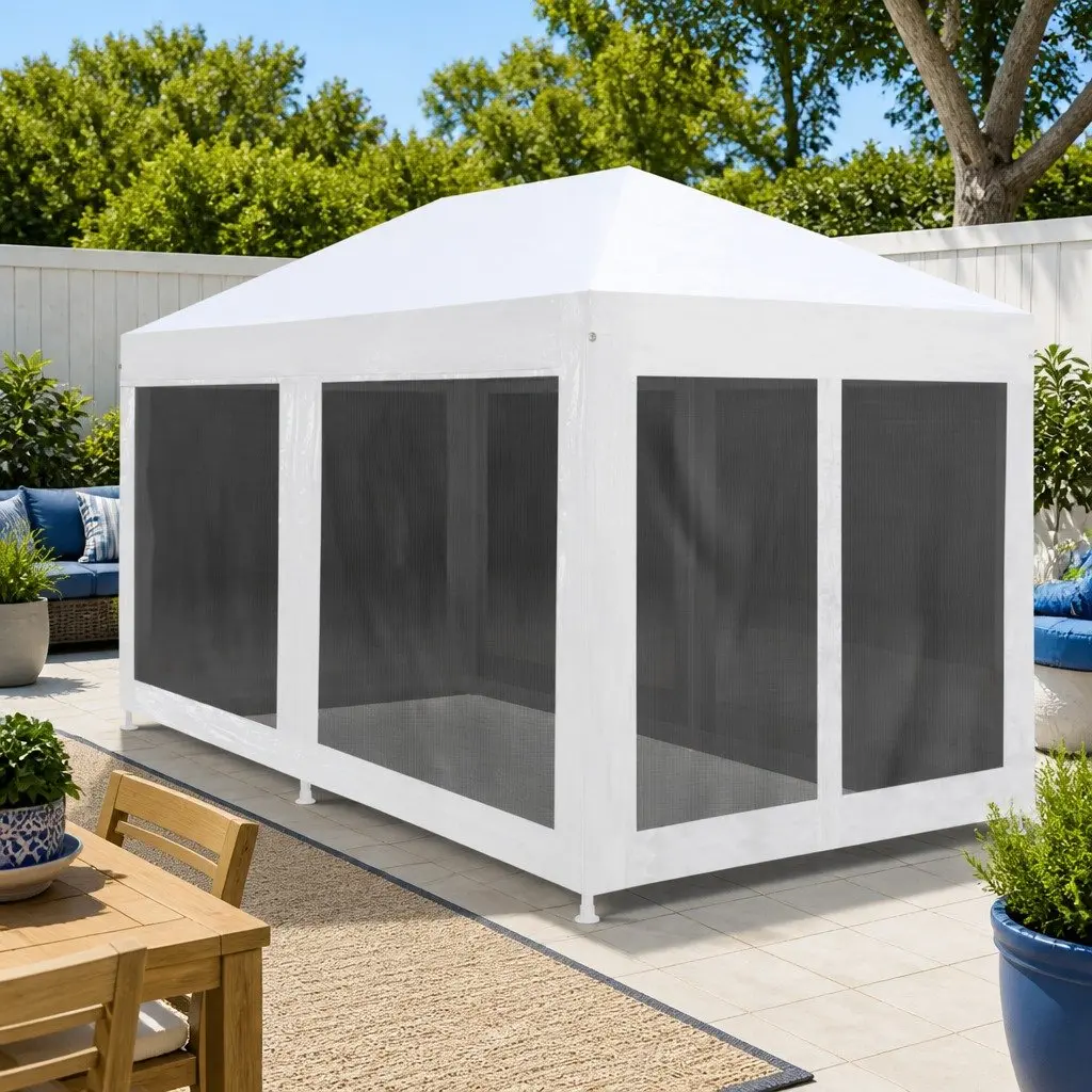 Party Tent 6x3m White Mesh Sidewalls Outdoor Canopy Garden Gazebo