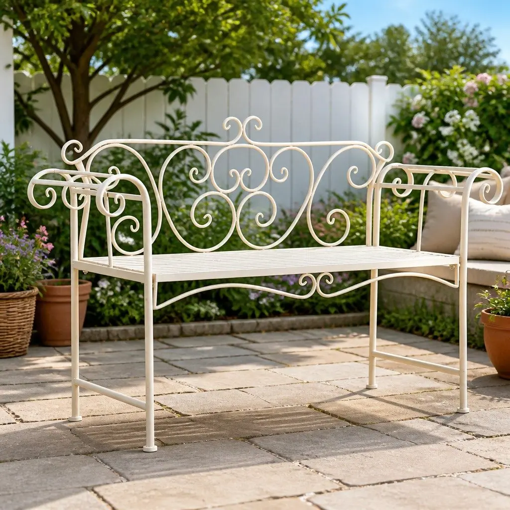 Garden Bench 132cm Outdoor Seating Metal Scroll Pattern Antique White Frame