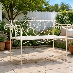 Garden Bench 132cm Outdoor Seating Metal Scroll Pattern Antique White Frame