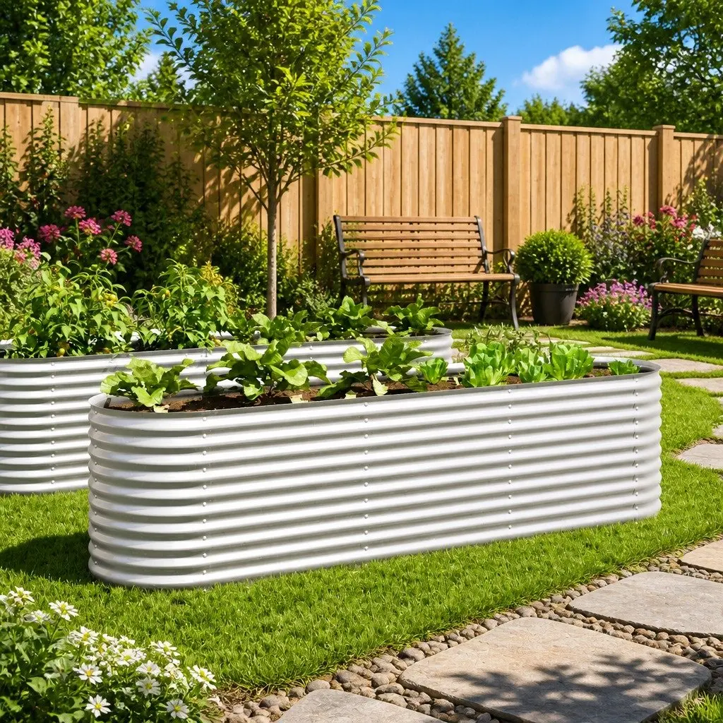 Galvanised Steel Garden Raised Bed Outdoor Planter Box 320x80x81cm Silver