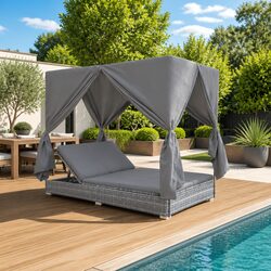 Outdoor Lounge Bed 2-Person Sun Lounger with Curtains Poly Rattan Grey Daybed