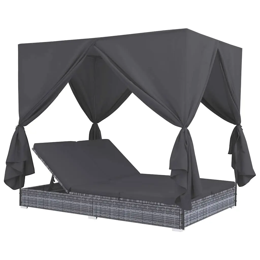 Outdoor Lounge Bed Sun Lounger 2-Person Adjustable Grey Poly Rattan