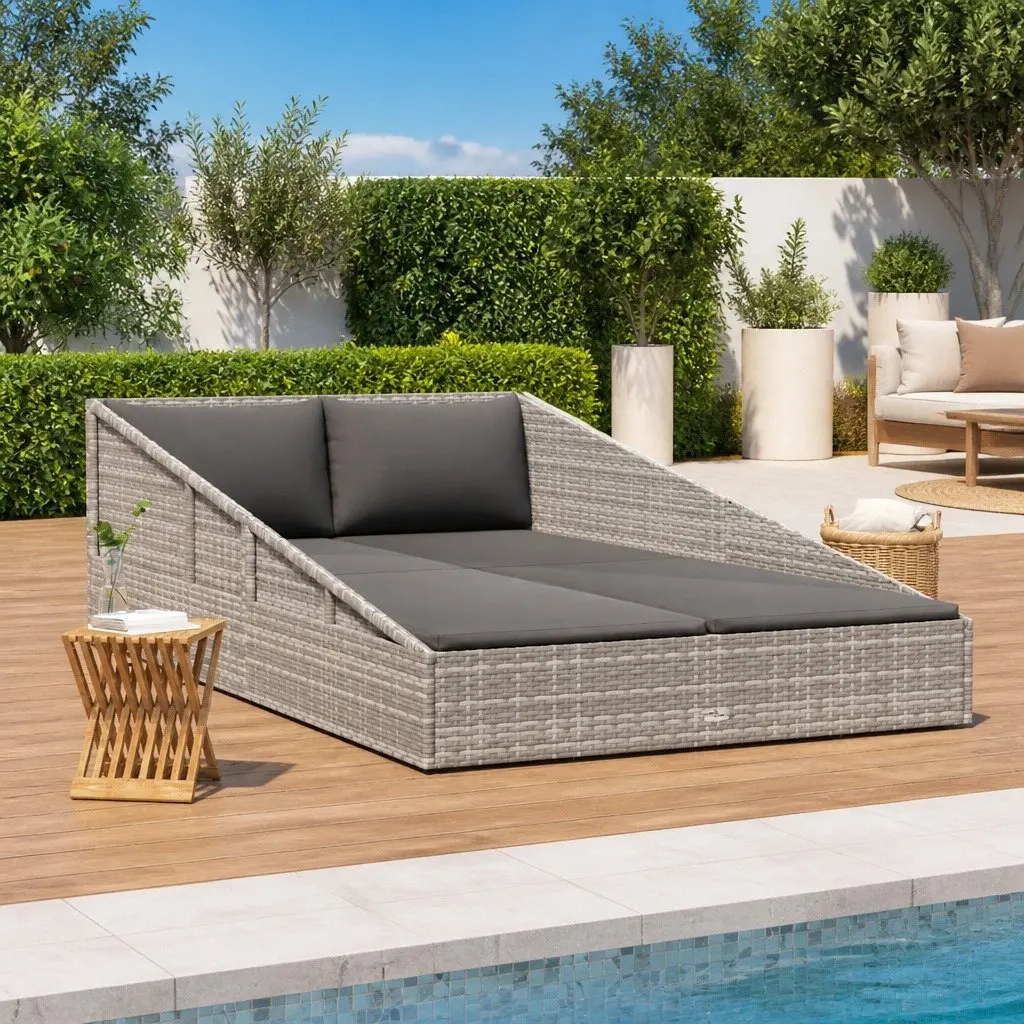 Outdoor Daybed 2-Person Garden Lounger Rattan Grey 110x200cm Patio Furniture