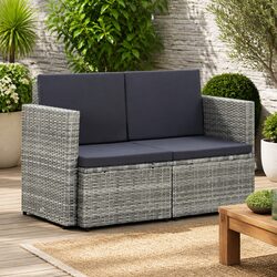 2 Seater Garden Sofa Grey Outdoor Patio Furniture with Cushions Poly Rattan