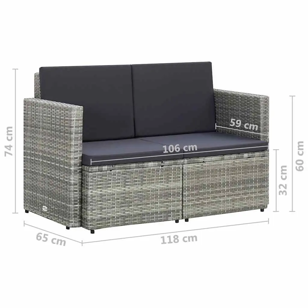 2 Seater Garden Sofa Poly Rattan Grey Outdoor Patio Bench with Cushions