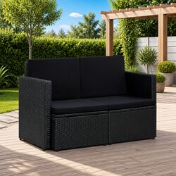 2 Seater Outdoor Garden Sofa Patio Furniture Black Poly Rattan with Cushions