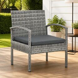 Outdoor Garden Chair Grey Poly Rattan Armchair with Padded Seat Cushion Patio
