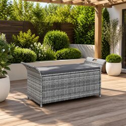 Outdoor Storage Bench with Cushion Grey 138cm Garden Rattan Seating Box