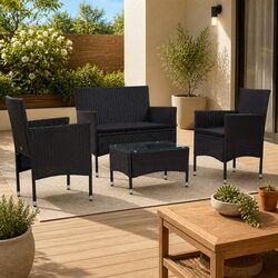 4 Piece Garden Lounge Set Outdoor Sofa Rattan Chairs Table with Cushions Black