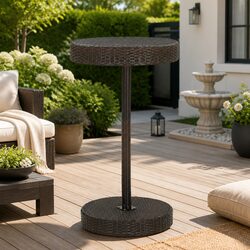 Outdoor Garden Table Brown Poly Rattan Round Patio Dining Furniture Steel Frame