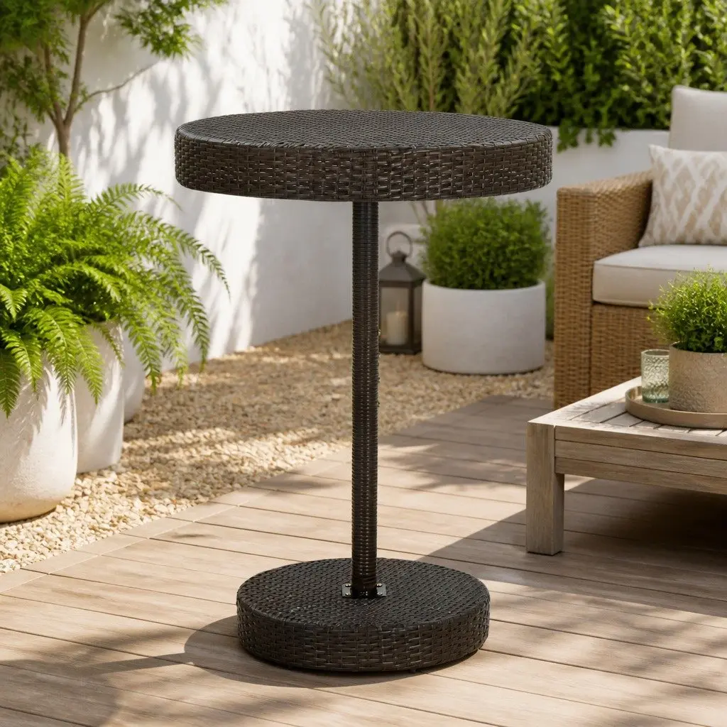 Outdoor Garden Table Round Poly Rattan Brown Steel Frame
