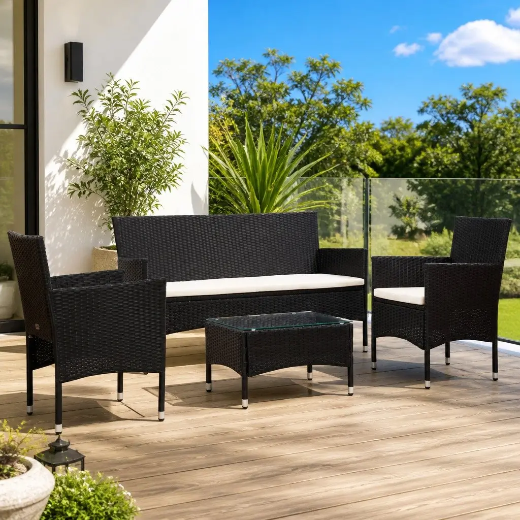 4 Piece Garden Lounge Set Outdoor Patio Furniture PE Rattan Sofa Table Cushions Black