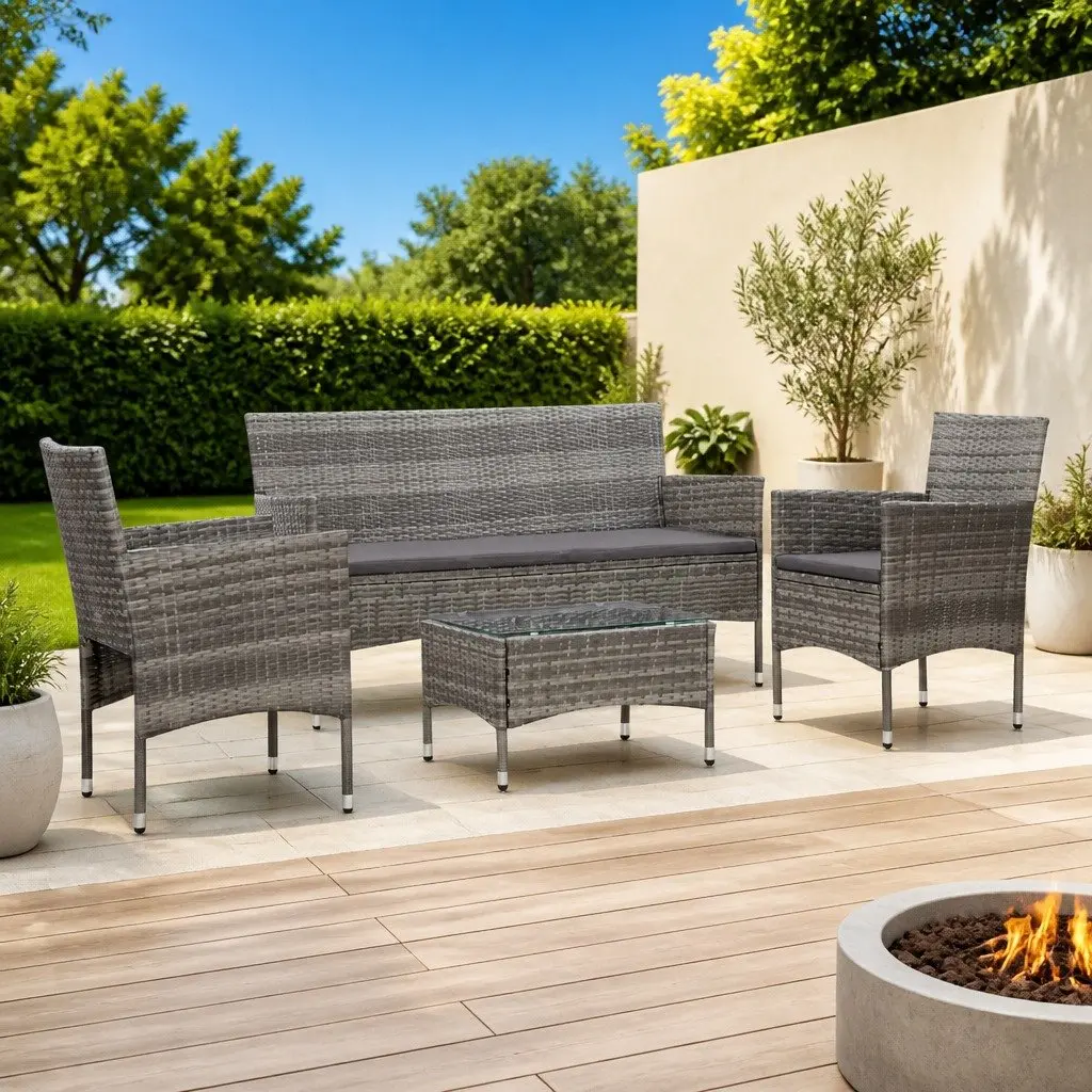 4 Piece Garden Lounge Set Weather Resistant PE Rattan Outdoor Furniture Grey