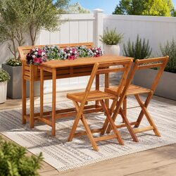 Garden Planter Table with 2 Folding Bistro Chairs Outdoor Furniture Set