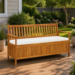 Outdoor Storage Bench with Cushion 148cm Brown Acacia Wood Garden Patio Seating