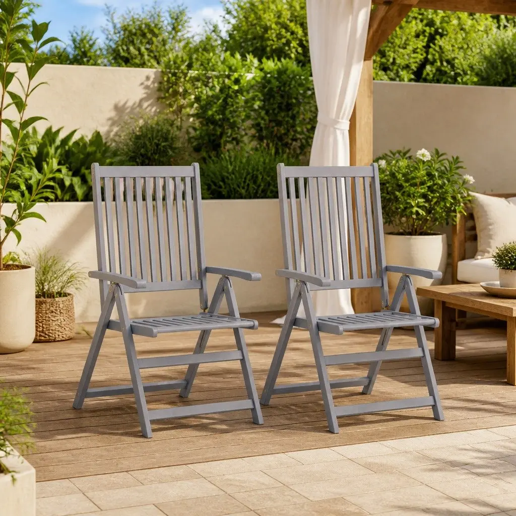 Outdoor Reclining Chairs Set 2 pcs 5-Position Adjustable Backrest Grey Solid Acacia Wood Foldable