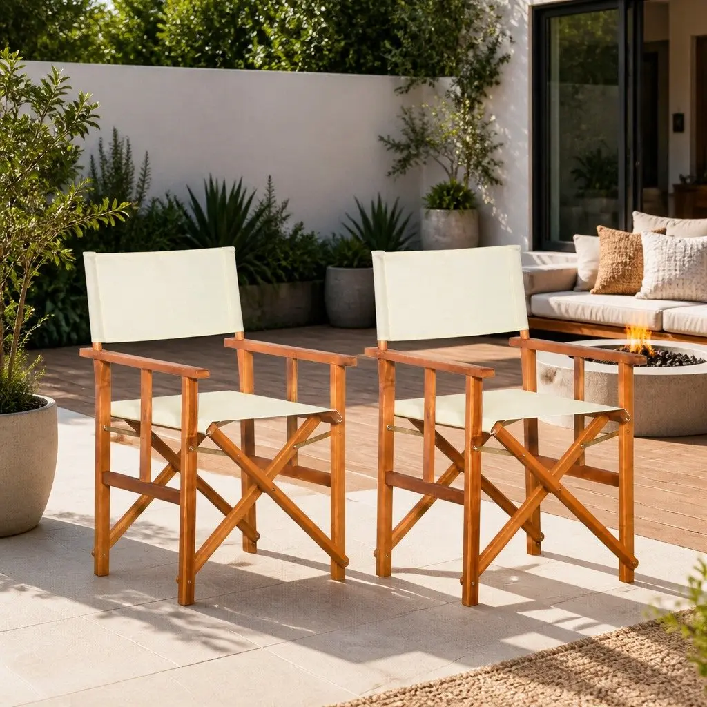 Folding Director's Chairs Solid Acacia Wood Fabric Seats Brown 2 Piece