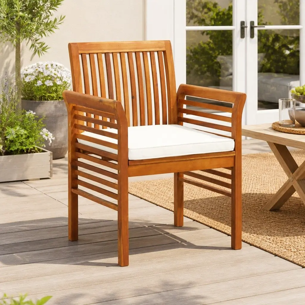 Outdoor Dining Chair with Cushion Brown Acacia Wood Patio Garden Seating