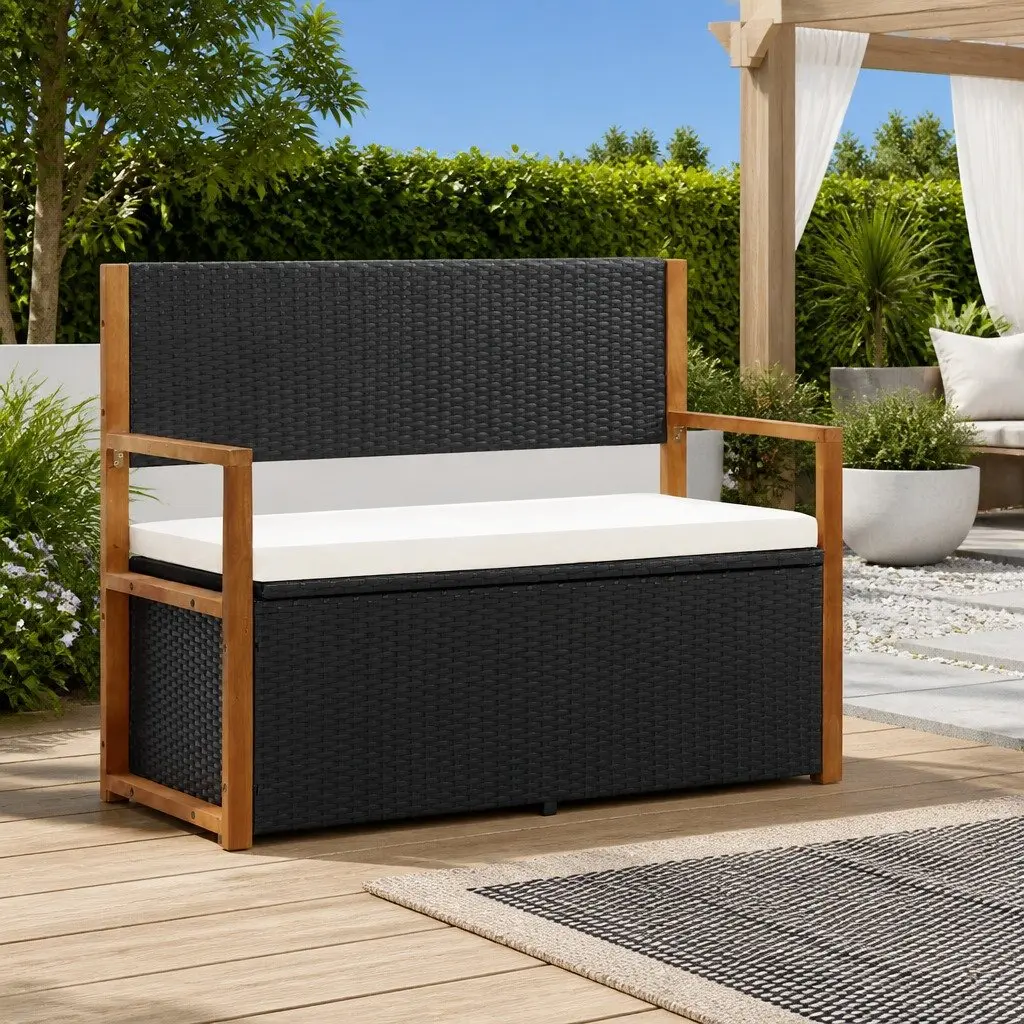 Outdoor Storage Bench 115cm Black Poly Rattan with Cushion