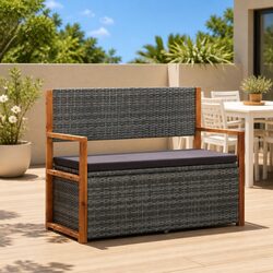 Outdoor Storage Bench 115cm Garden Seating Poly Rattan Acacia Wood Grey
