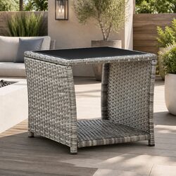 Outdoor Coffee Table Grey Poly Rattan Glass Top Patio Garden Furniture