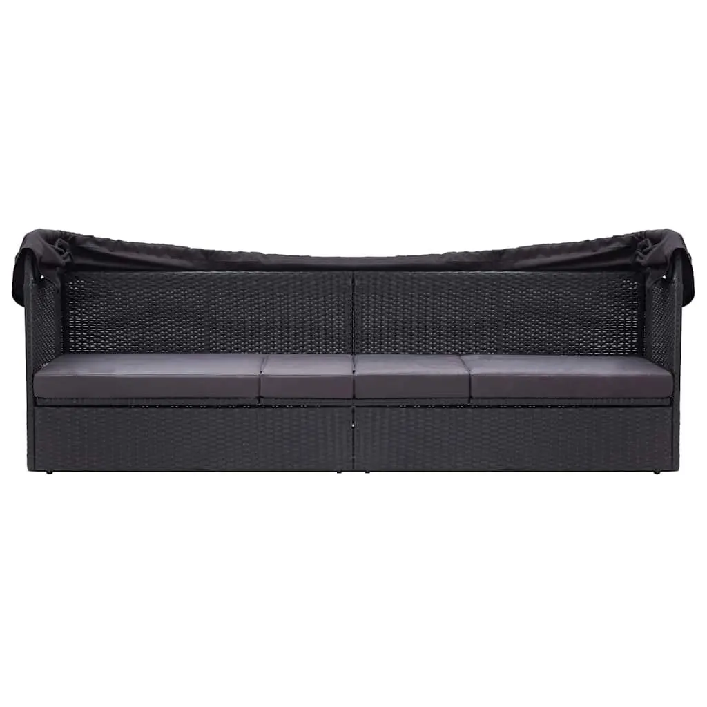 Outdoor Daybed Sun Lounger with Canopy PE Rattan Steel Frame Black