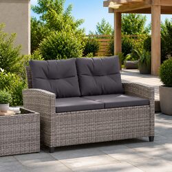 2-Seater Outdoor Garden Sofa Grey Poly Rattan with Cushions Patio Seating 124cm