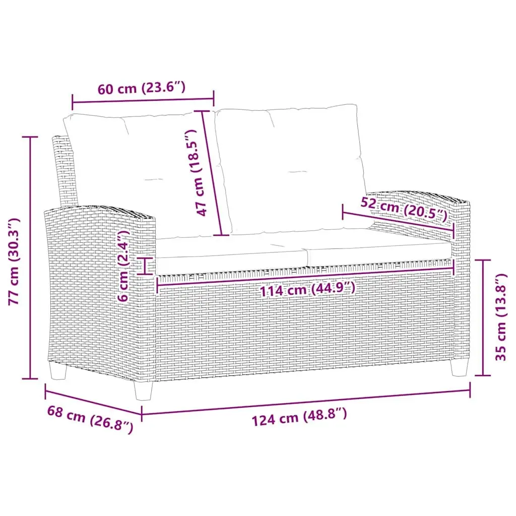 2-Seater Outdoor Garden Sofa with Cushions Black 124cm Poly Rattan Patio