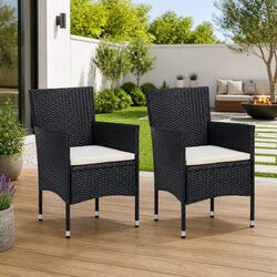 Outdoor Dining Chairs 2pc Set Black Poly Rattan Garden Seating with Cushions